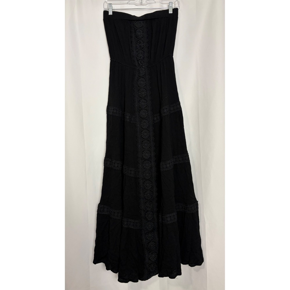 Black Boho Western Strapless Crochet Lace Tiered Maxi Dress Women Medium Concert